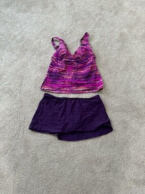 Purple Patterned Tankini Top with Deep Purple Swim Skirt
